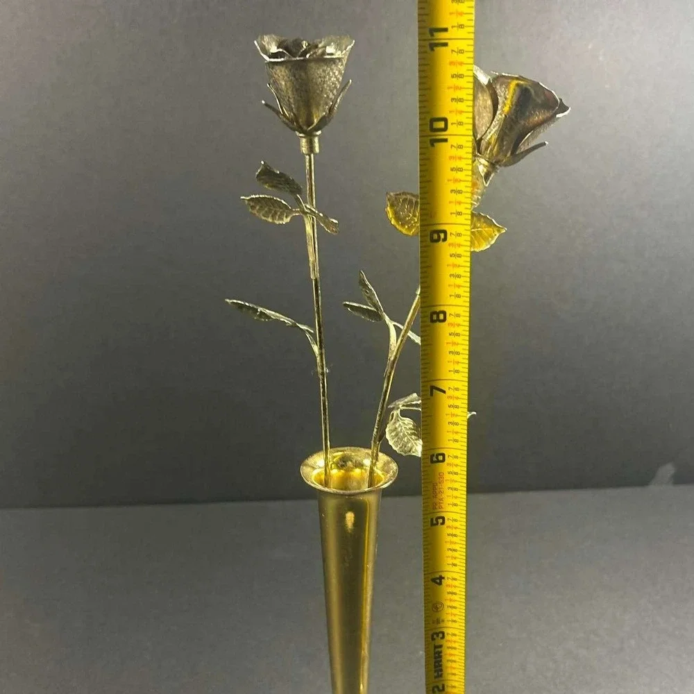 Mann Brass Bud Vase Gold Metal Roses Vintage 1977 Korea Decor Set 11in